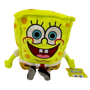 SpongeBob Plüschtier mit weißem Hemd, roter Krawatte und brauner Hose, ca. 20 cm sitzend und ca. 27 cm Gesamtlänge inkl. Beine.